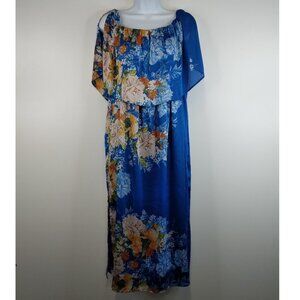 ZARA Cold shoulder Floral Blue  Maxi Dress Lined Size L